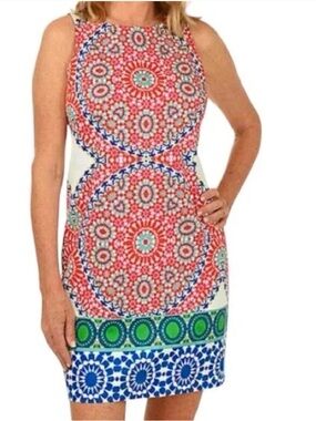 London Times Mid-Century Modern Sateen Medallion Print Dress